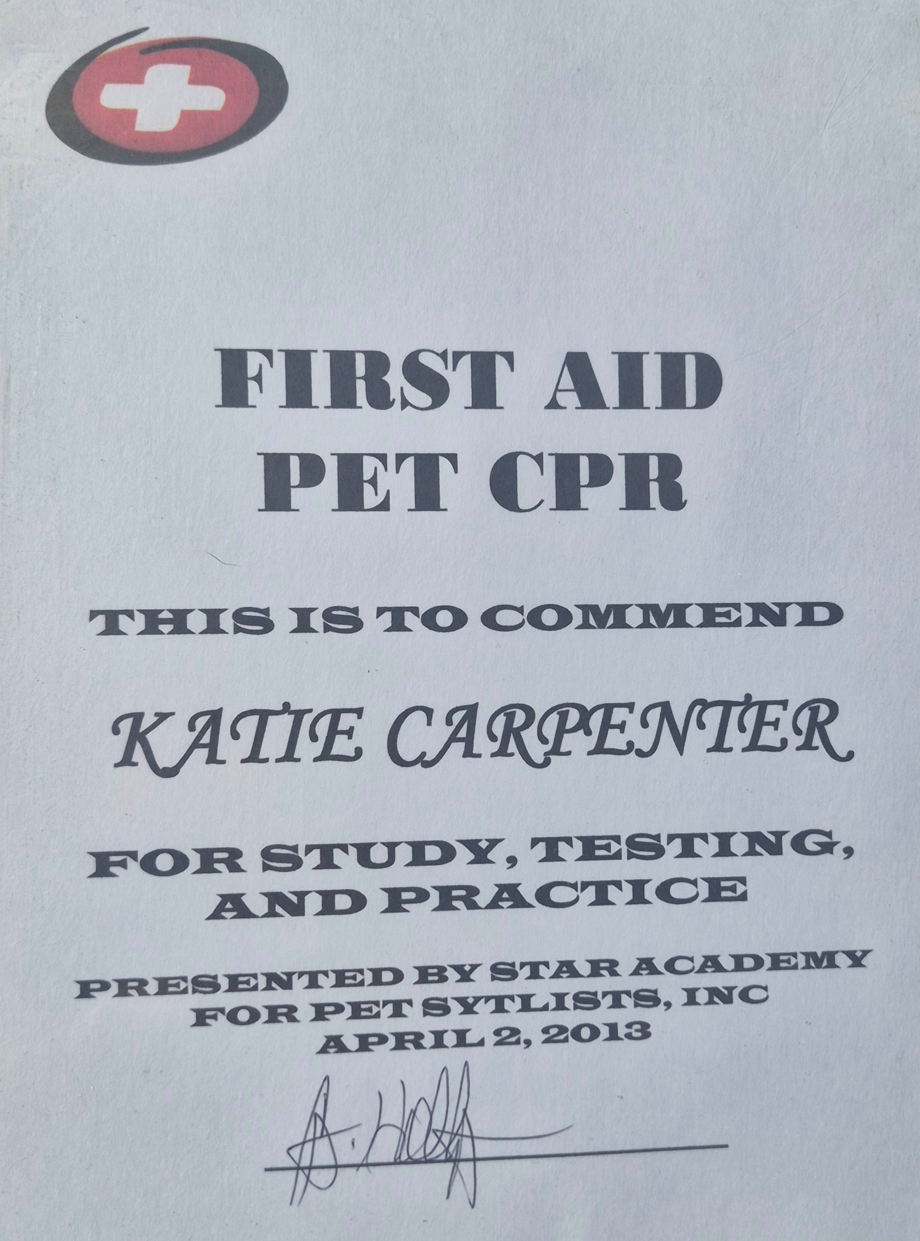 First Aid Pet CPR Certificate — Katie Carpenter, Star Academy for Pet Stylists