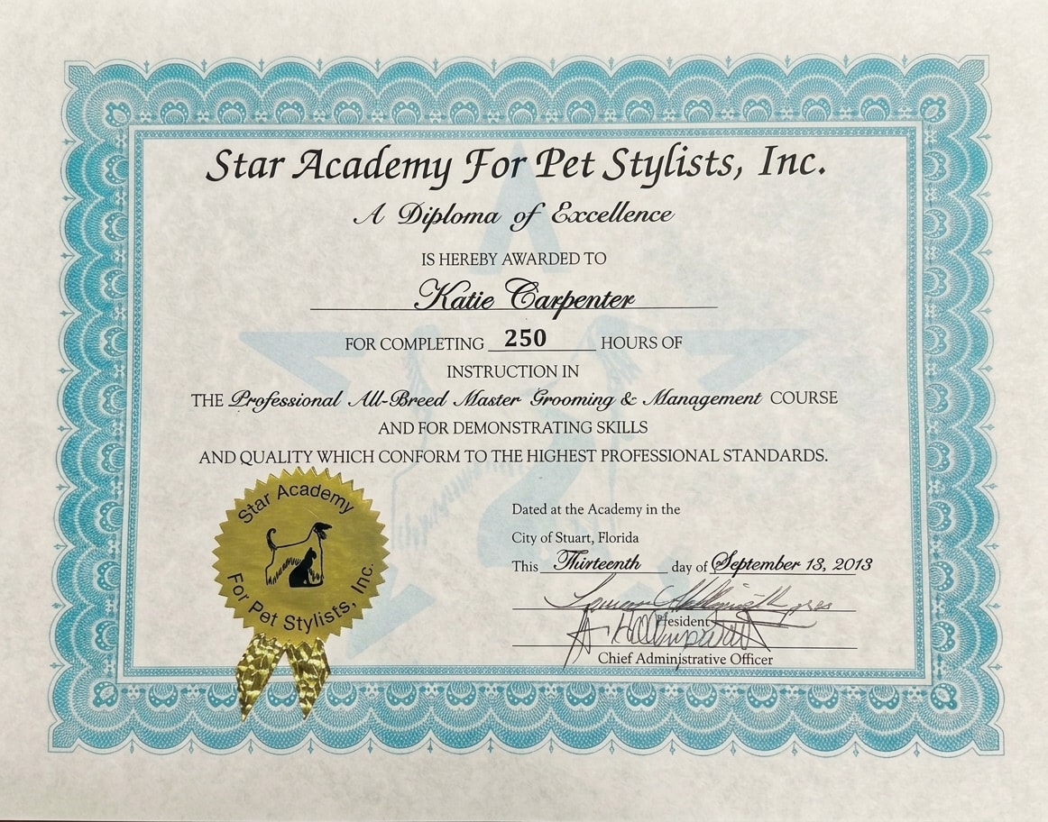 Diploma of Excellence — Professional All-Breed Master Grooming & Management — Katie Carpenter