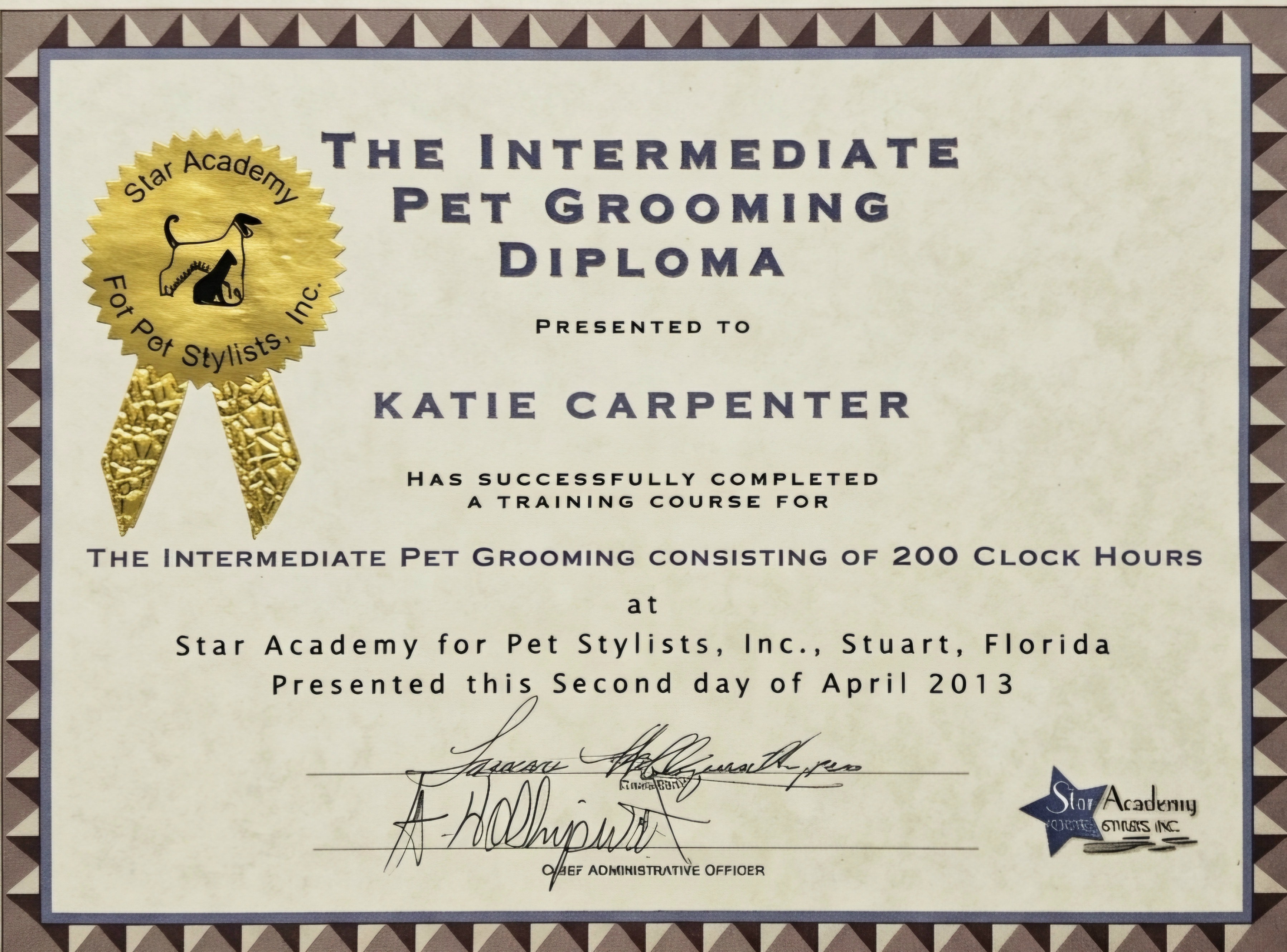 Grooming Salon Management Certificate of Achievement — Katie Carpenter